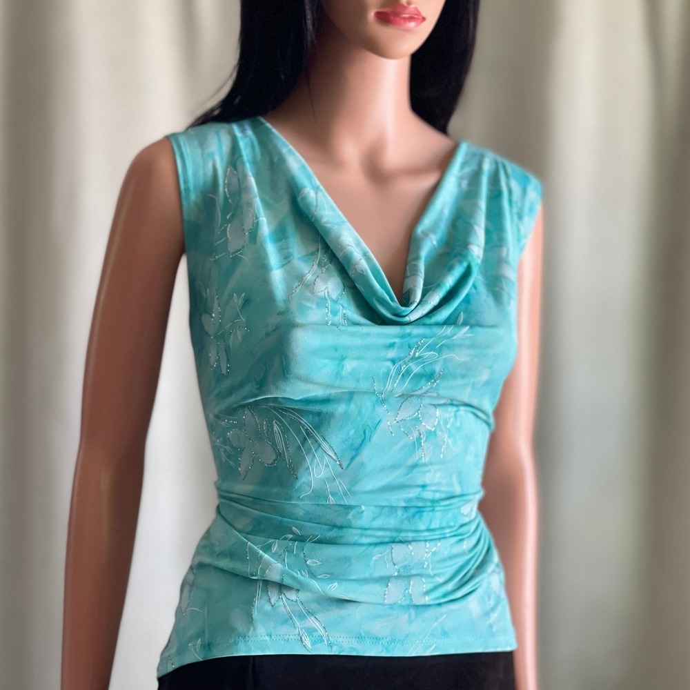 Vtg Y2K Turquoise Glitter Cowl Neck Top Mermaidcore Fairycore Tropical Size L
